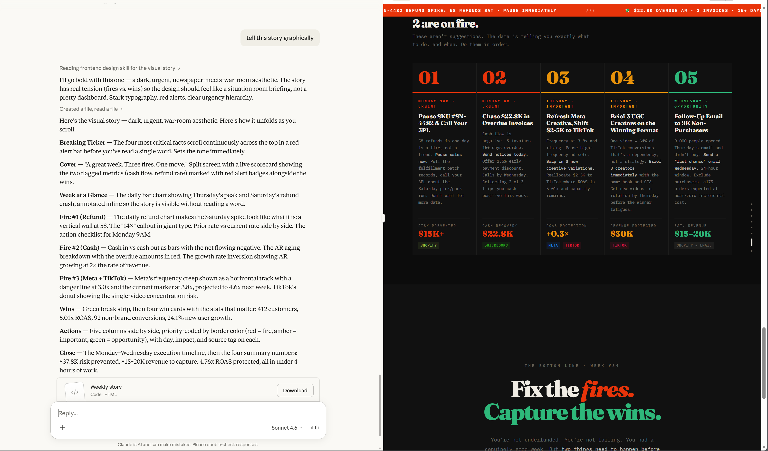 Screenshot of Claude conversation producing the weekly story