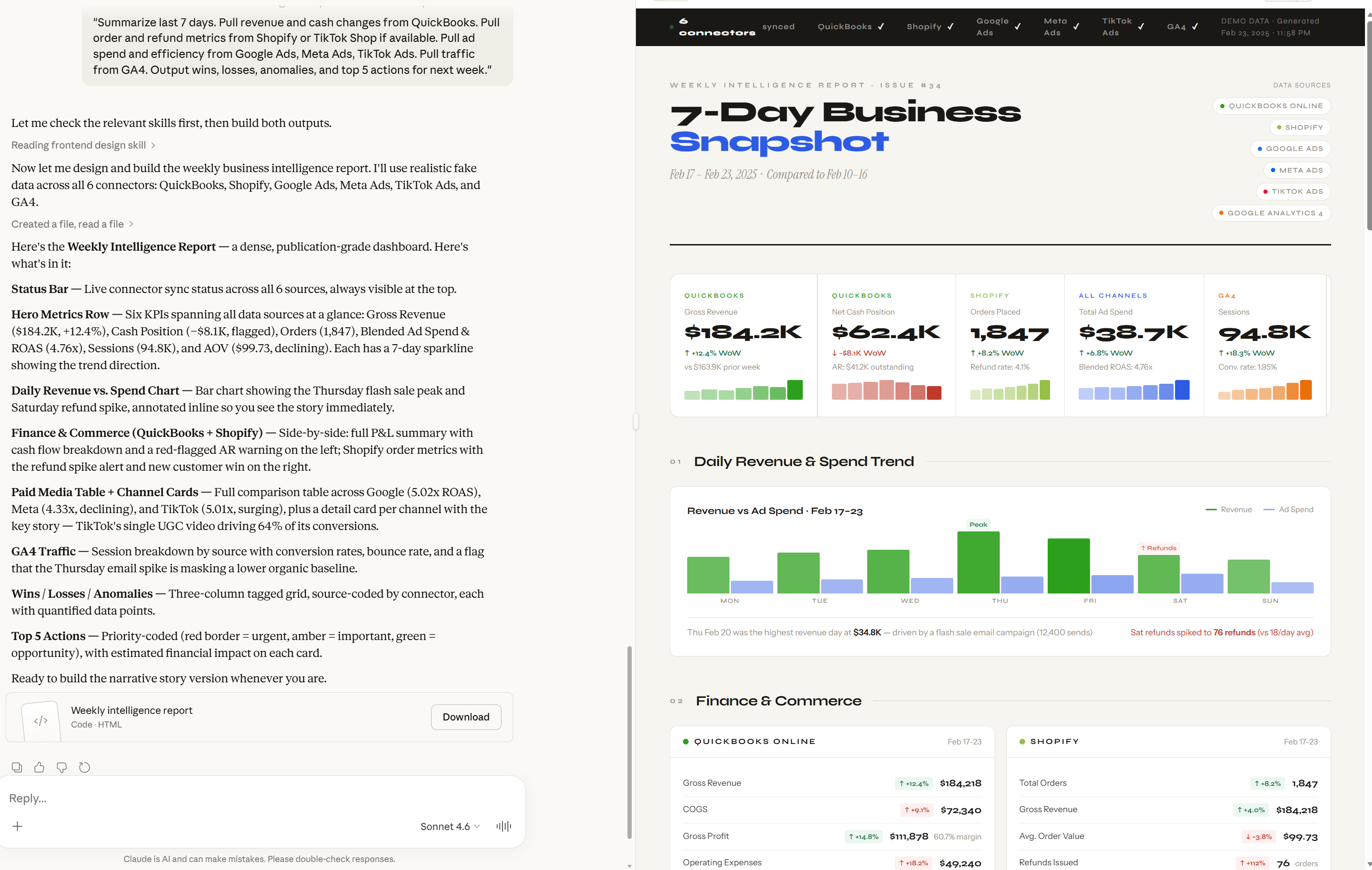 Screenshot of Claude conversation producing the weekly intelligence report