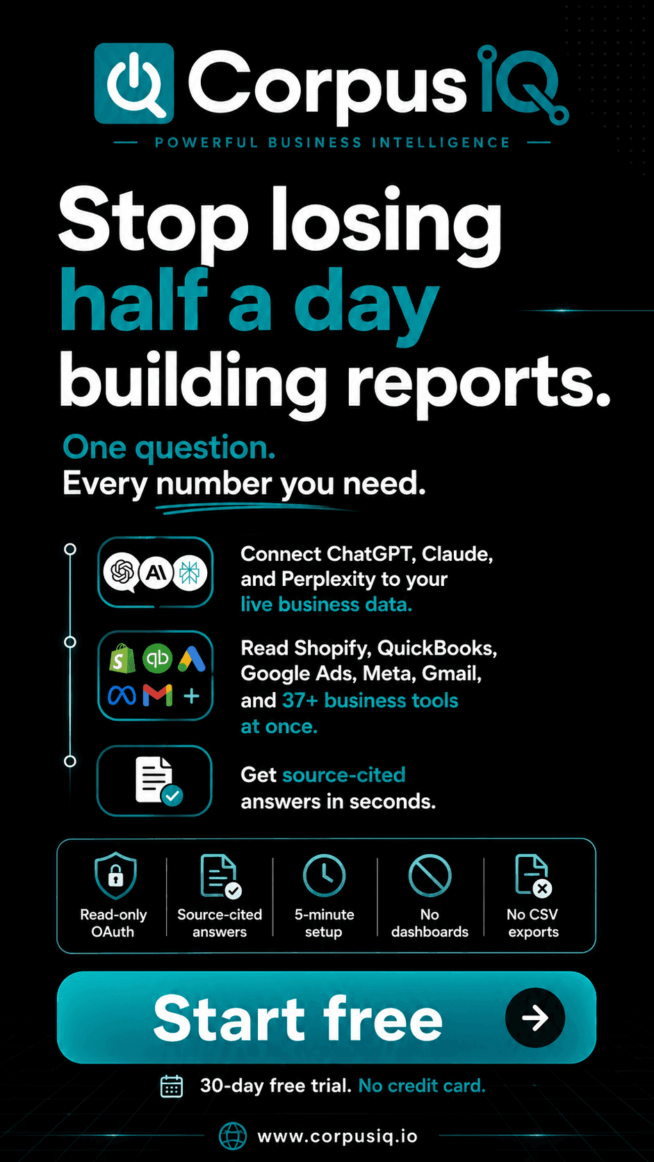Stop losing half a day building reports. One question. Every number you need, a dark CorpusIQ story ad