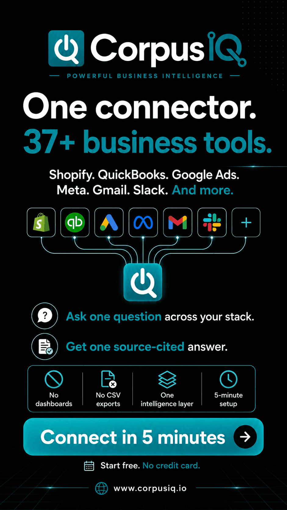 One connector for all your business tools. Shopify, QuickBooks, Google Ads, Meta, Gmail, Slack, a dark story ad