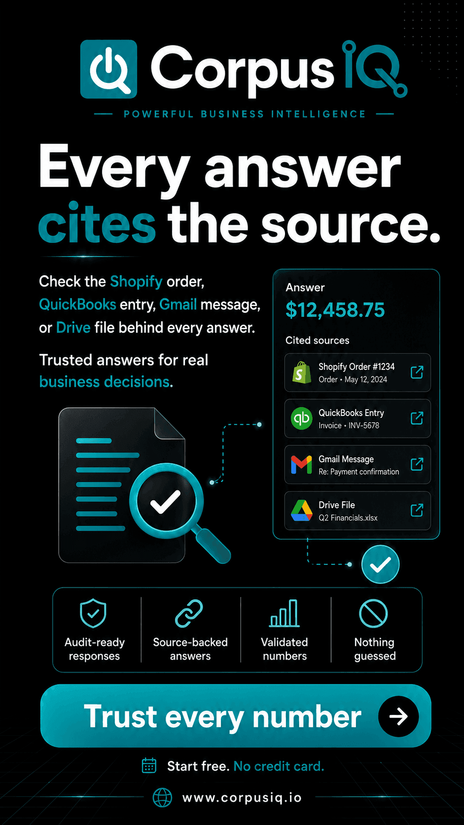 Every answer cites the source, a dark story ad showing an answer with Shopify and QuickBooks sources