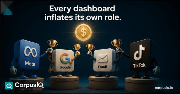 Every dashboard inflates its own role, with Meta, Google, Email, and TikTok mascots holding trophies