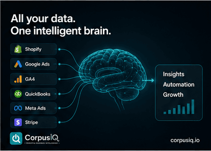 All your data. One intelligent brain, with Shopify, Google Ads, GA4, QuickBooks, Meta, Stripe feeding a brain