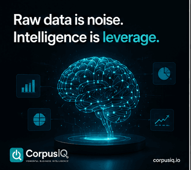 Raw data is noise. Intelligence is leverage, over a glowing brain with chart icons