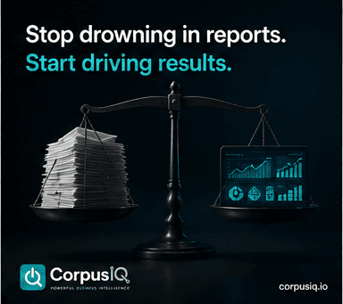 Stop drowning in reports. Start driving results, with a scale weighing paper against a bright dashboard