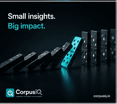 Small insights. Big impact, with one glowing teal domino among falling black dominoes