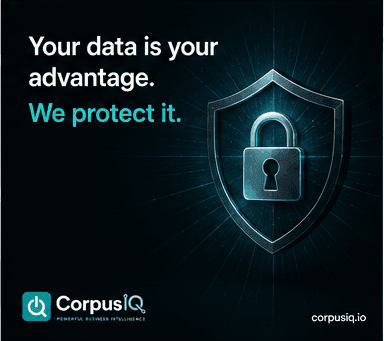 Your data is your advantage. We protect it, beside a glowing shield with a padlock