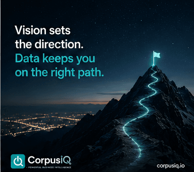Vision sets the direction. Data keeps you on the right path, with a glowing trail up a mountain