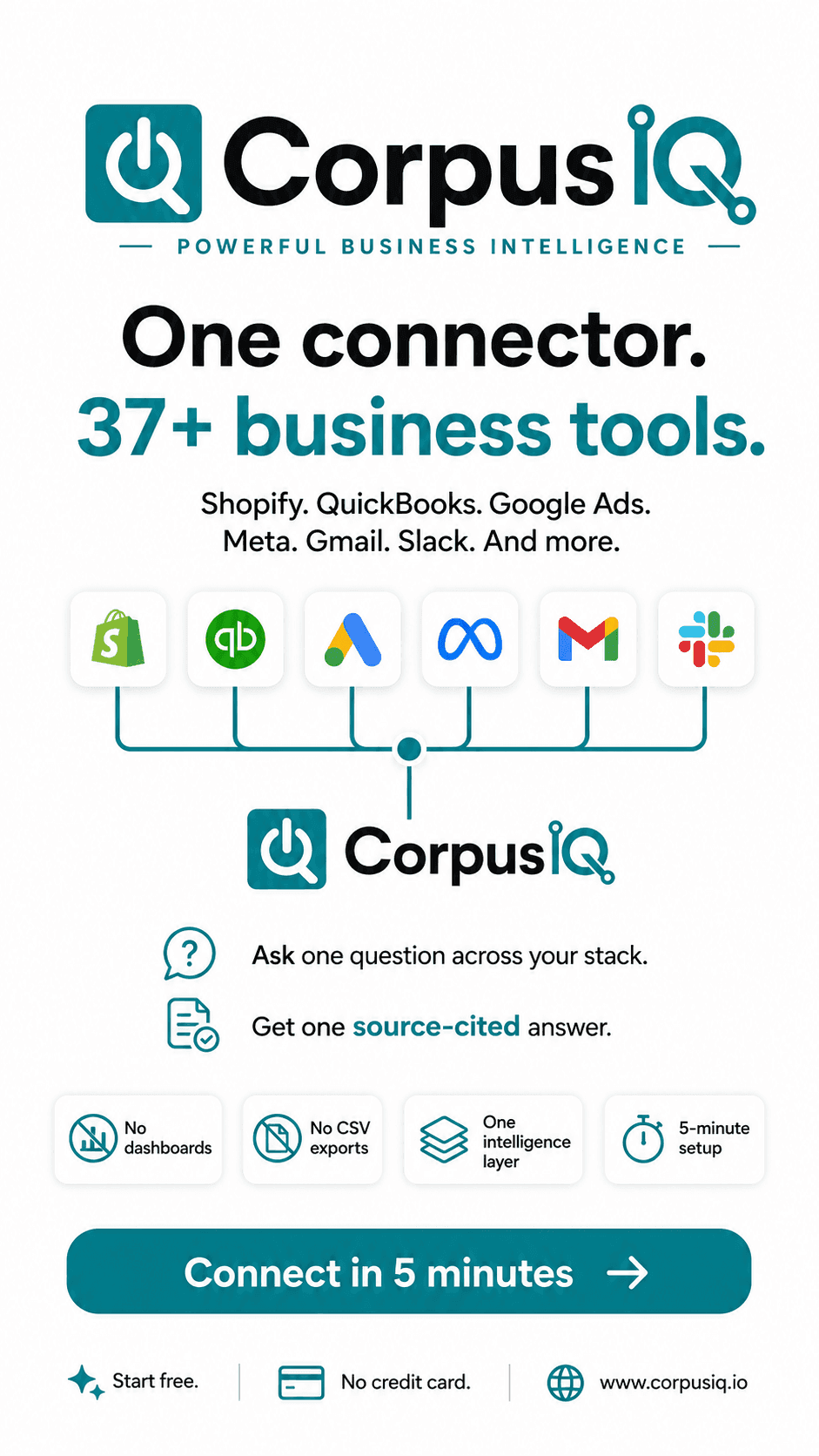 One connector for all your business tools. Shopify, QuickBooks, Google Ads, Meta, Gmail, Slack, a light story ad