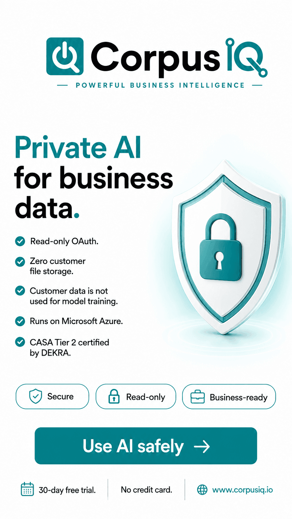 Private AI for business data, listing read-only OAuth, zero file storage, and CASA Tier 2, a light story ad