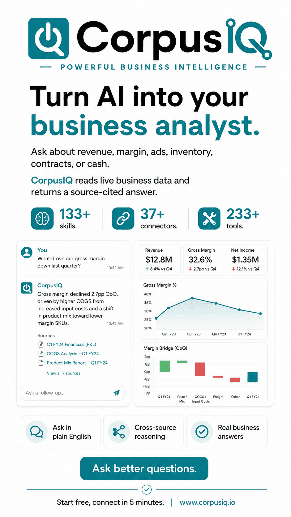 Turn AI into your business analyst, a light story ad with a gross margin answer, sources, and charts