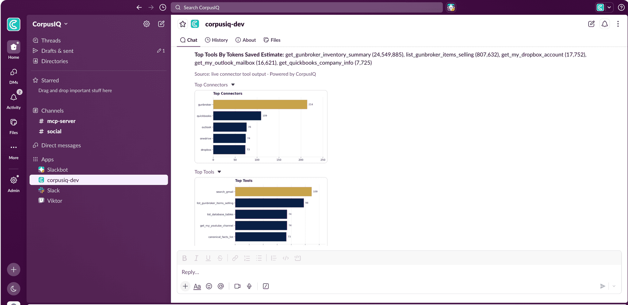 CorpusIQ posting a source-cited business summary with charts inside a Slack channel